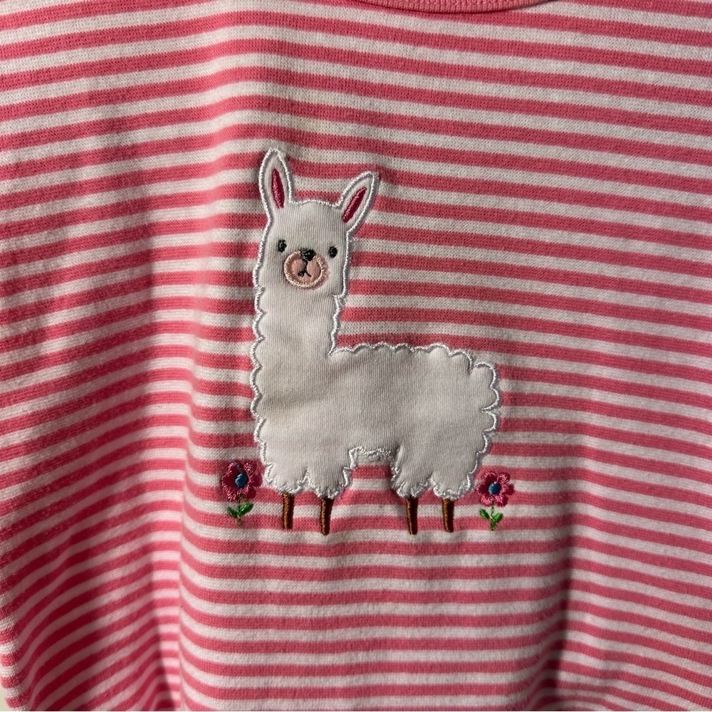 Llama embroidered appliqué size 6 white pink stripe girls short sleeve tee - Picture 2 of 4
